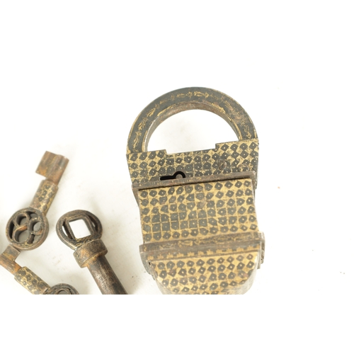 145 - AN 18TH/19TH CENTURY MIDDLE EASTERN IRONWORK PADLOCK AND KEYS of tapered and rectangular form with g... 