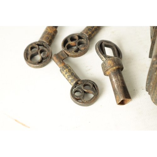 145 - AN 18TH/19TH CENTURY MIDDLE EASTERN IRONWORK PADLOCK AND KEYS of tapered and rectangular form with g... 