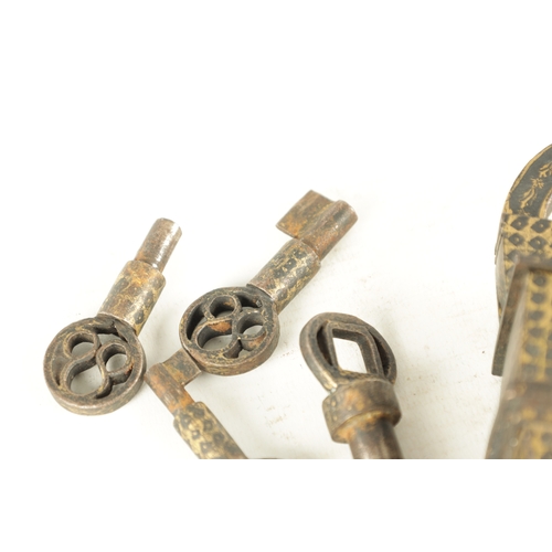 145 - AN 18TH/19TH CENTURY MIDDLE EASTERN IRONWORK PADLOCK AND KEYS of tapered and rectangular form with g... 