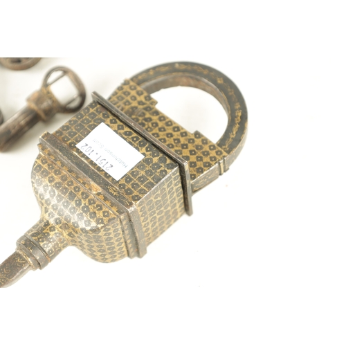 145 - AN 18TH/19TH CENTURY MIDDLE EASTERN IRONWORK PADLOCK AND KEYS of tapered and rectangular form with g... 