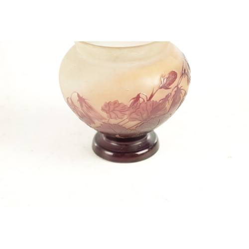 15 - A SIGNED EMILE GALLE CAMEO ART GLASS CABINET VASE overcarved in shaded purple with flowering foliage... 