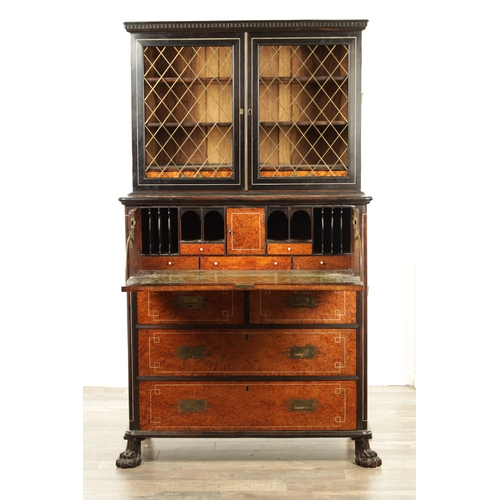 156 - AN EARLY 19TH CENTURY ANGLO CHINESE AMBOYNA AND EBONY IVORY INLAID SECRETAIRE BOOKCASE with hinged d... 