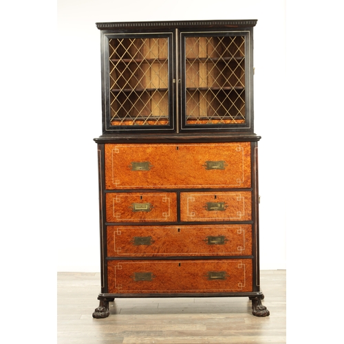 156 - AN EARLY 19TH CENTURY ANGLO CHINESE AMBOYNA AND EBONY IVORY INLAID SECRETAIRE BOOKCASE with hinged d... 