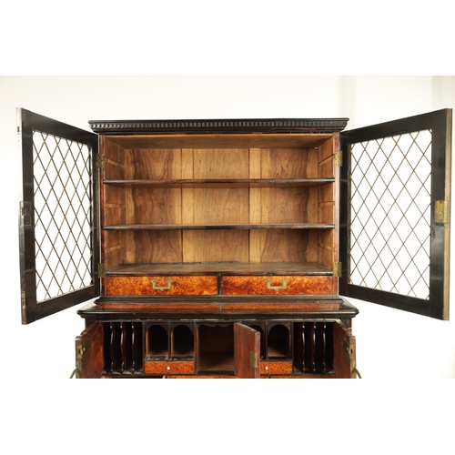 156 - AN EARLY 19TH CENTURY ANGLO CHINESE AMBOYNA AND EBONY IVORY INLAID SECRETAIRE BOOKCASE with hinged d... 