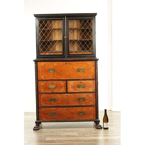 156 - AN EARLY 19TH CENTURY ANGLO CHINESE AMBOYNA AND EBONY IVORY INLAID SECRETAIRE BOOKCASE with hinged d... 