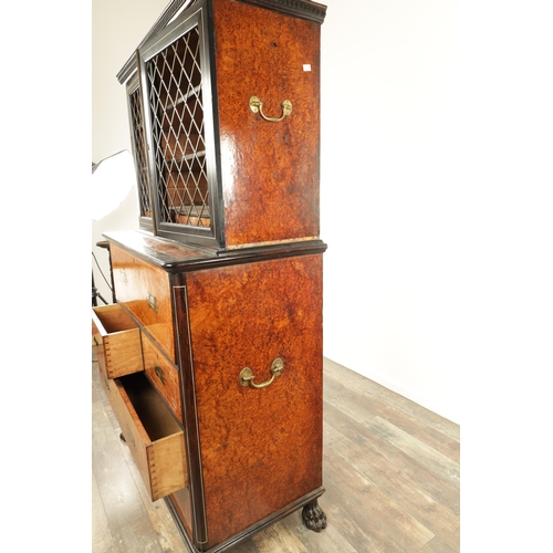 156 - AN EARLY 19TH CENTURY ANGLO CHINESE AMBOYNA AND EBONY IVORY INLAID SECRETAIRE BOOKCASE with hinged d... 