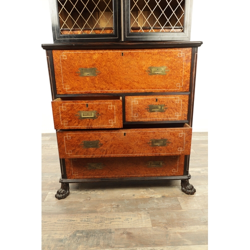 156 - AN EARLY 19TH CENTURY ANGLO CHINESE AMBOYNA AND EBONY IVORY INLAID SECRETAIRE BOOKCASE with hinged d... 