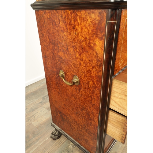 156 - AN EARLY 19TH CENTURY ANGLO CHINESE AMBOYNA AND EBONY IVORY INLAID SECRETAIRE BOOKCASE with hinged d... 