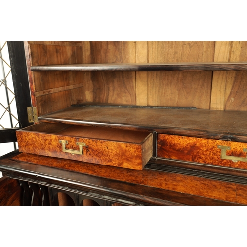 156 - AN EARLY 19TH CENTURY ANGLO CHINESE AMBOYNA AND EBONY IVORY INLAID SECRETAIRE BOOKCASE with hinged d... 