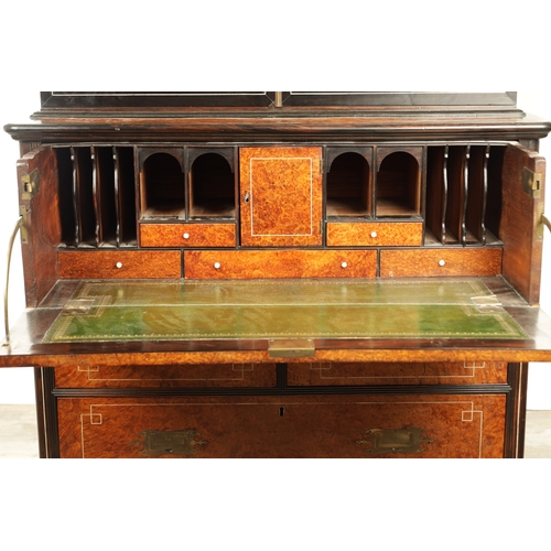 156 - AN EARLY 19TH CENTURY ANGLO CHINESE AMBOYNA AND EBONY IVORY INLAID SECRETAIRE BOOKCASE with hinged d... 