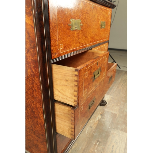 156 - AN EARLY 19TH CENTURY ANGLO CHINESE AMBOYNA AND EBONY IVORY INLAID SECRETAIRE BOOKCASE with hinged d... 