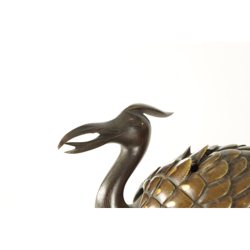 161 - A PAIR OF MEIJI PERIOD JAPANESE BRONZE AND MIXED METAL CENSERS modelled as two cranes perched on lil... 