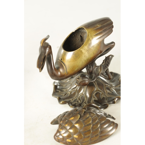 161 - A PAIR OF MEIJI PERIOD JAPANESE BRONZE AND MIXED METAL CENSERS modelled as two cranes perched on lil... 