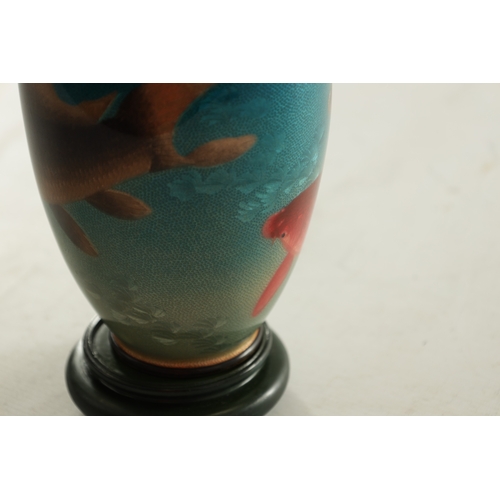 164 - A JAPANESE MEIJI PERIOD CLOISONNÉ ENAMEL VASE DECORATED WITH CARP on a blue ground bearing signature... 