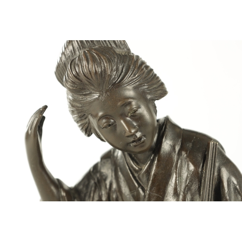 165 - A JAPANESE MEIJI PERIOD BRONZE SCULPTURE OF A GEISHA with seal mark signature to base (31cm high )