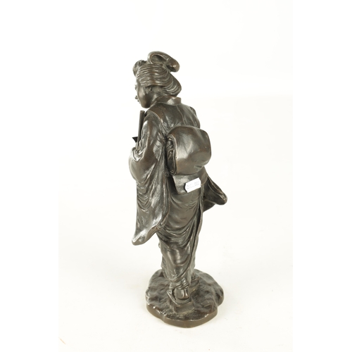 165 - A JAPANESE MEIJI PERIOD BRONZE SCULPTURE OF A GEISHA with seal mark signature to base (31cm high )