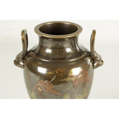 169 - A FINE JAPANESE MEIJI PERIOD PATINATED BRONZE AND MIXED METAL TWO-HANDLED VASE the tapering shoulder... 