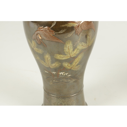 169 - A FINE JAPANESE MEIJI PERIOD PATINATED BRONZE AND MIXED METAL TWO-HANDLED VASE the tapering shoulder... 