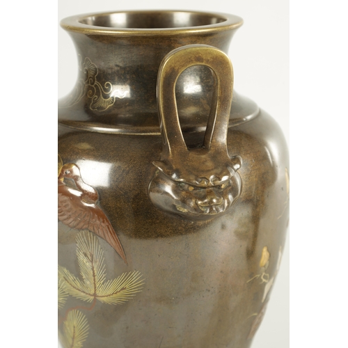 169 - A FINE JAPANESE MEIJI PERIOD PATINATED BRONZE AND MIXED METAL TWO-HANDLED VASE the tapering shoulder... 