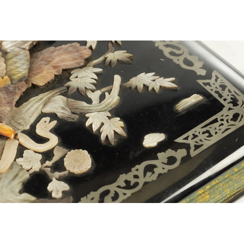 177 - AN EARLY 20TH CENTURY CHINESE POSTCARD ALBUM with lacquerwork and mother of pearl relief inlaid fron... 