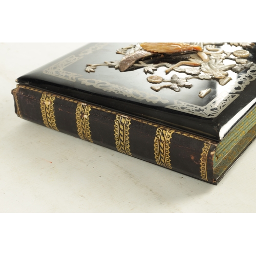 177 - AN EARLY 20TH CENTURY CHINESE POSTCARD ALBUM with lacquerwork and mother of pearl relief inlaid fron... 