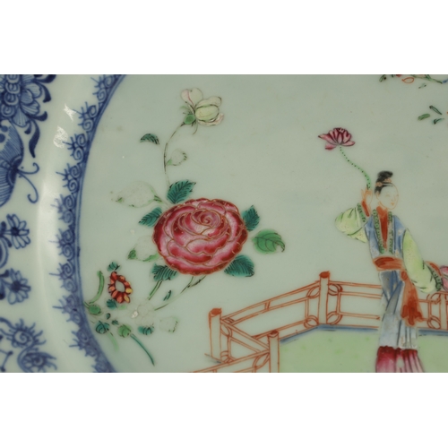 178 - AN 18TH CENTURY CHINESE FAMILLE ROSE CLIPPED RECTANGULAR DISH the blue scrolling foliated border dec... 