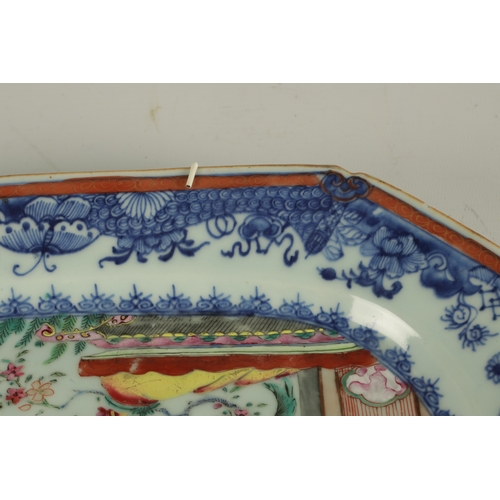 178 - AN 18TH CENTURY CHINESE FAMILLE ROSE CLIPPED RECTANGULAR DISH the blue scrolling foliated border dec... 