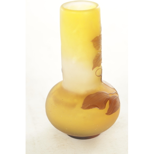 18 - A SIGNED EMILE GALLE CAMEO ART GLASS CABINET VASE. the bulbous body and cylindrical neck overcarved ... 