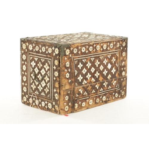 186 - A 17TH CENTURY INDO PORTUGUESE INLAID BONE TABLE CABINET IN NEED OF RESTORATION with all-around peta... 