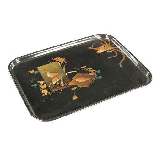 187 - A LATE 19TH CENTURY CHINESE BLACK LACQUER RECTANGULAR TRAY decorated with panels of storks and fish ... 