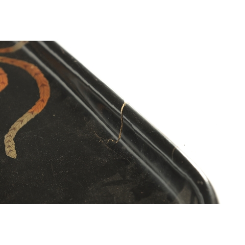 187 - A LATE 19TH CENTURY CHINESE BLACK LACQUER RECTANGULAR TRAY decorated with panels of storks and fish ... 