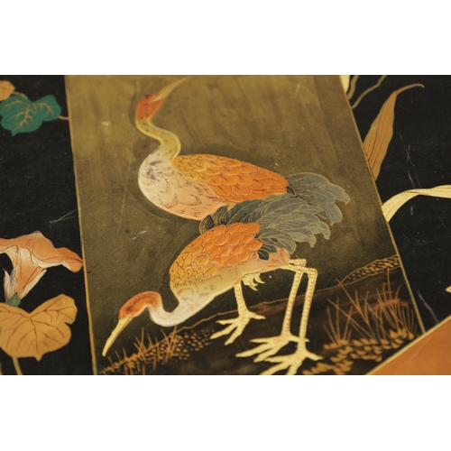 187 - A LATE 19TH CENTURY CHINESE BLACK LACQUER RECTANGULAR TRAY decorated with panels of storks and fish ... 