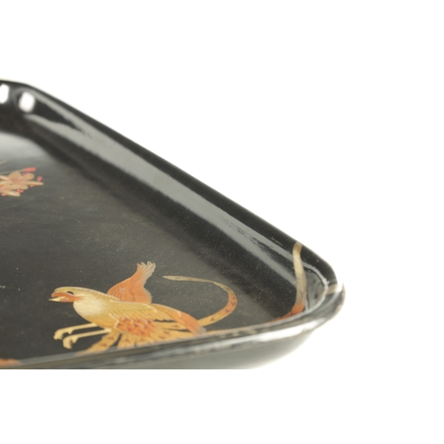 187 - A LATE 19TH CENTURY CHINESE BLACK LACQUER RECTANGULAR TRAY decorated with panels of storks and fish ... 