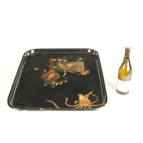 187 - A LATE 19TH CENTURY CHINESE BLACK LACQUER RECTANGULAR TRAY decorated with panels of storks and fish ... 