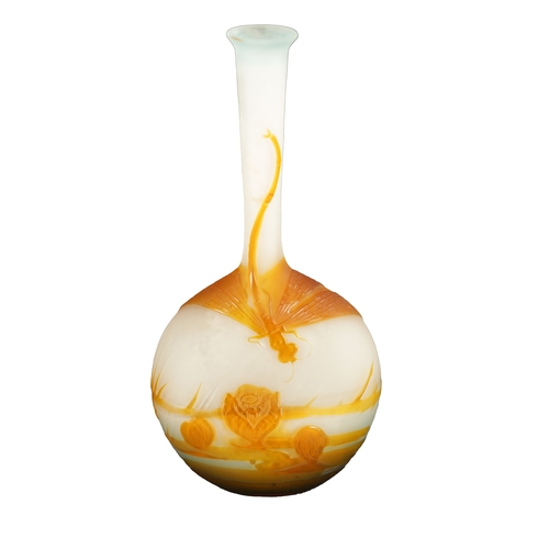 19 - A GALLE PALE BLUE AND ORANGE CAMEO GLASS AQUATIC DRAGONFLY BANJO VASE with slender tapering neck and... 