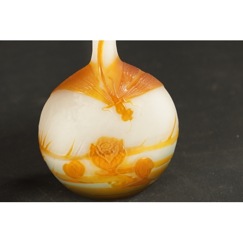 19 - A GALLE PALE BLUE AND ORANGE CAMEO GLASS AQUATIC DRAGONFLY BANJO VASE with slender tapering neck and... 