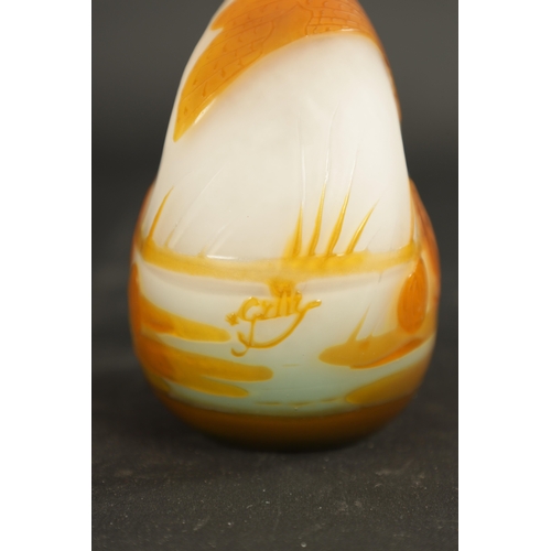 19 - A GALLE PALE BLUE AND ORANGE CAMEO GLASS AQUATIC DRAGONFLY BANJO VASE with slender tapering neck and... 