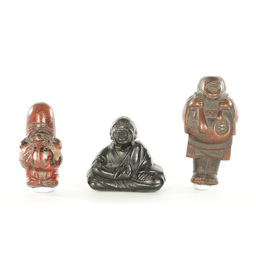 191 - THREE JAPANESE CARVED BOXWOOD NETSUKE one with polychrome painted finish. (5cm high and smaller)