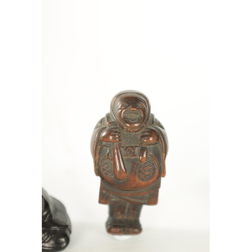 191 - THREE JAPANESE CARVED BOXWOOD NETSUKE one with polychrome painted finish. (5cm high and smaller)