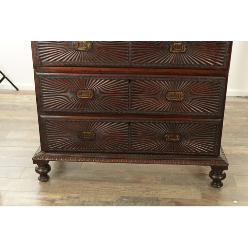 194 - AN EARLY 19TH CENTURY ANGLO INDIAN HARDWOOD SECRETAIRE CABINET ON CHEST with moulded cornice above a... 