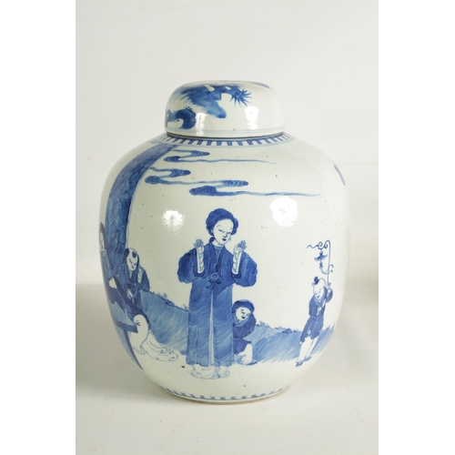 198 - A LARGE 19TH CENTURY CHINESE PORCELAIN BLUE AND WHITE GINGER JAR AND COVER the body with figural dec... 