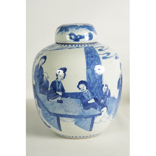 198 - A LARGE 19TH CENTURY CHINESE PORCELAIN BLUE AND WHITE GINGER JAR AND COVER the body with figural dec... 