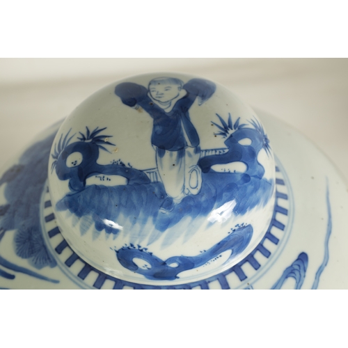 198 - A LARGE 19TH CENTURY CHINESE PORCELAIN BLUE AND WHITE GINGER JAR AND COVER the body with figural dec... 