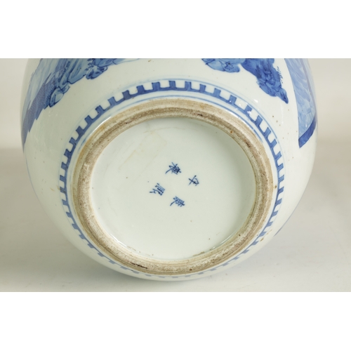 198 - A LARGE 19TH CENTURY CHINESE PORCELAIN BLUE AND WHITE GINGER JAR AND COVER the body with figural dec... 