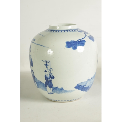 198 - A LARGE 19TH CENTURY CHINESE PORCELAIN BLUE AND WHITE GINGER JAR AND COVER the body with figural dec... 