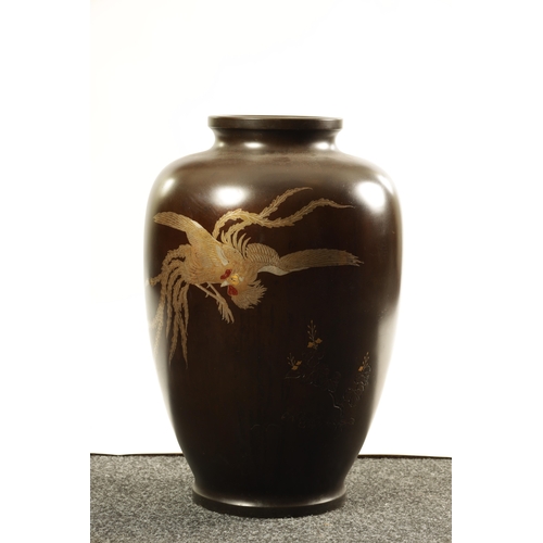 199 - A LARGE JAPANESE MEIJI PERIOD MIXED METAL INLAID BRONZE VASE depicting a Cockeral - signed on revers... 