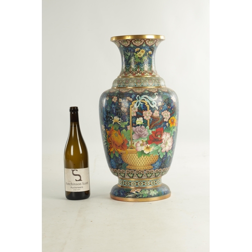 202 - A HIGHLY DECORATIVE AND COLOURFUL CHINESE CLOISONNE WARE HALL VASE with floral and geometric banded ... 