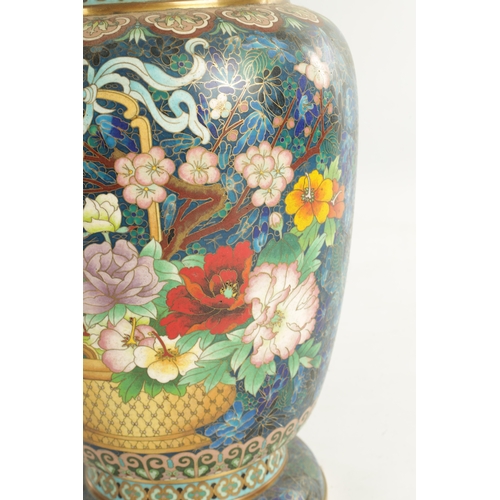 202 - A HIGHLY DECORATIVE AND COLOURFUL CHINESE CLOISONNE WARE HALL VASE with floral and geometric banded ... 