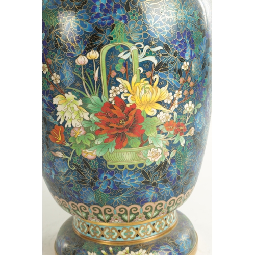 202 - A HIGHLY DECORATIVE AND COLOURFUL CHINESE CLOISONNE WARE HALL VASE with floral and geometric banded ... 