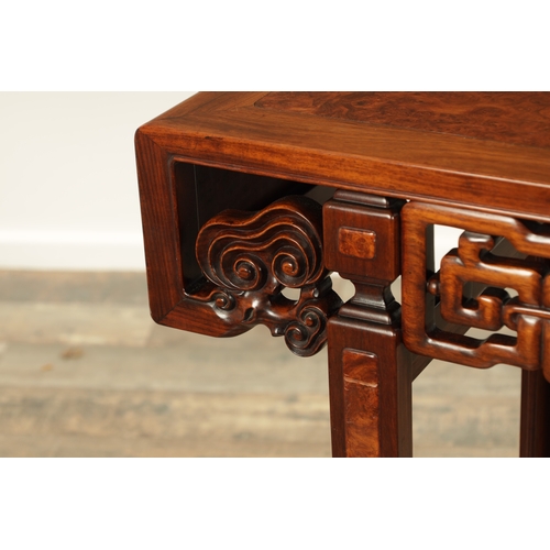 205 - AN EARLY 20TH CENTURY CHINESE BURR HARDWOOD ALTER TABLE with square ended burr top above a peirced f... 